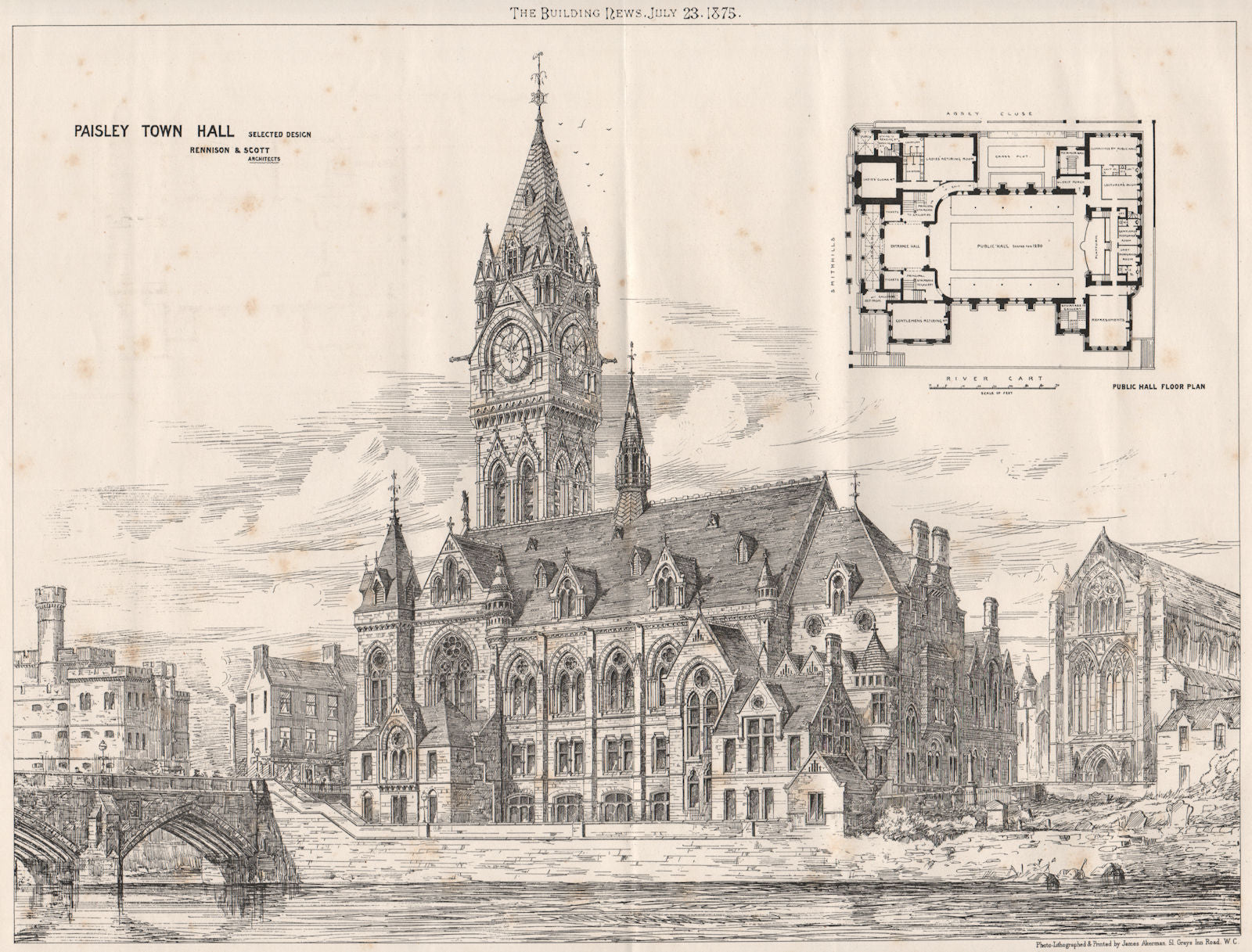 Paisley Town Hall design; Rennison & Scott, Architects. Scotland 1875 print